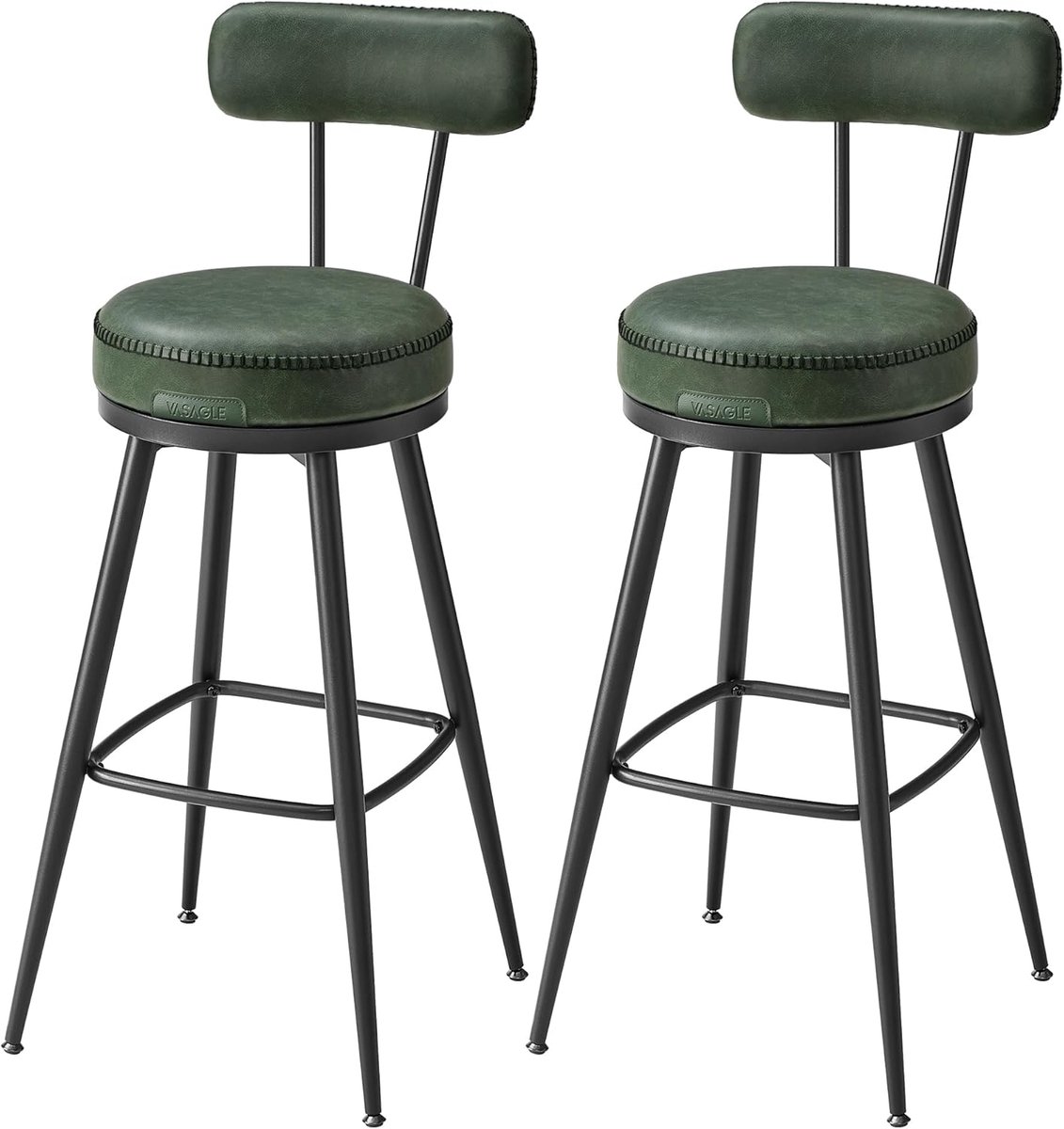 Barkrukken, set van 2 draaibare barkrukken met rugleuning kunstleer met stiksels, Mid Century moderne stijl, 76 cm hoog, keuken thuis bar, bosgroen LBC889C01