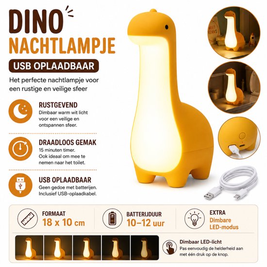 Baby Dinosaurus Nachtlampje - Zachte & Oplaadbare LED Lamp - Leuke Slaapkamerdecoratie - Geboorte- of Kindercadeau van Gizzys — afbeelding 3