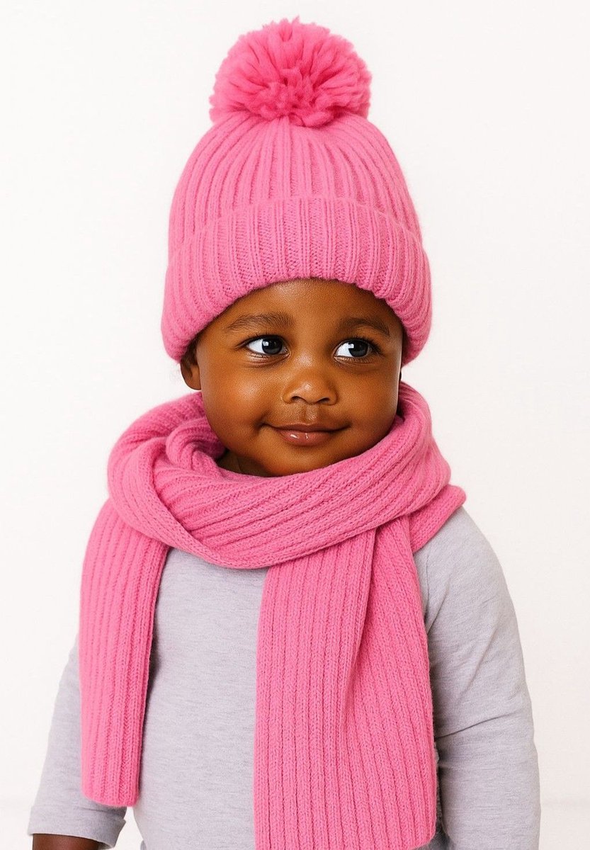 Minoti sjaal meisjes gebreid - colsjaal kind roze met pompon
