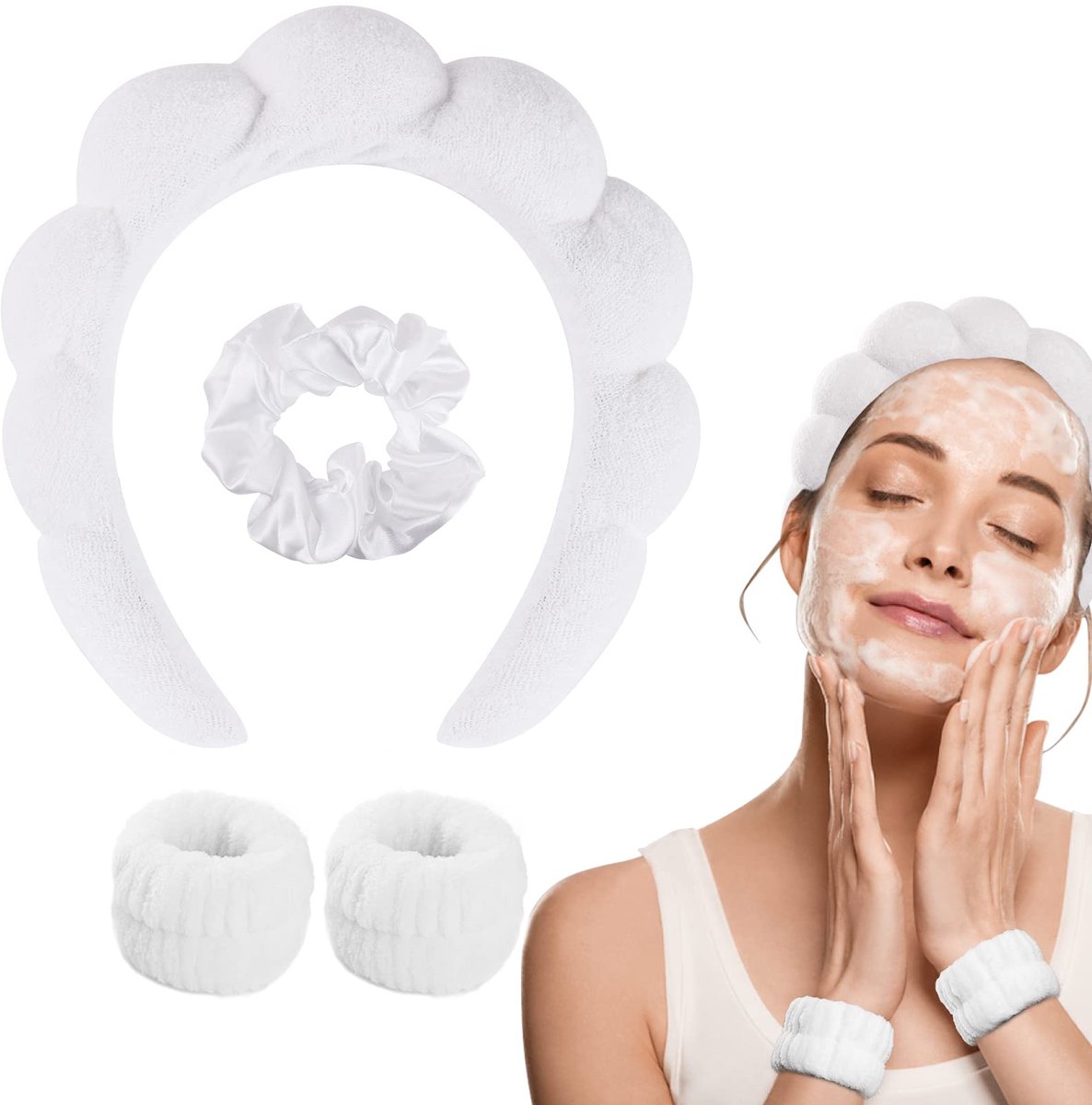 Spa-hoofdband voor dames - wit - met polsbandjes en haarscrunchieset - ideaal voor huidverzorging - ShopVlot