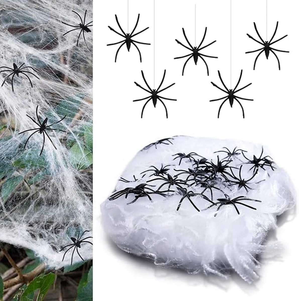 Halloween Spinnenweb met 100 Spinnen - Decoratieset