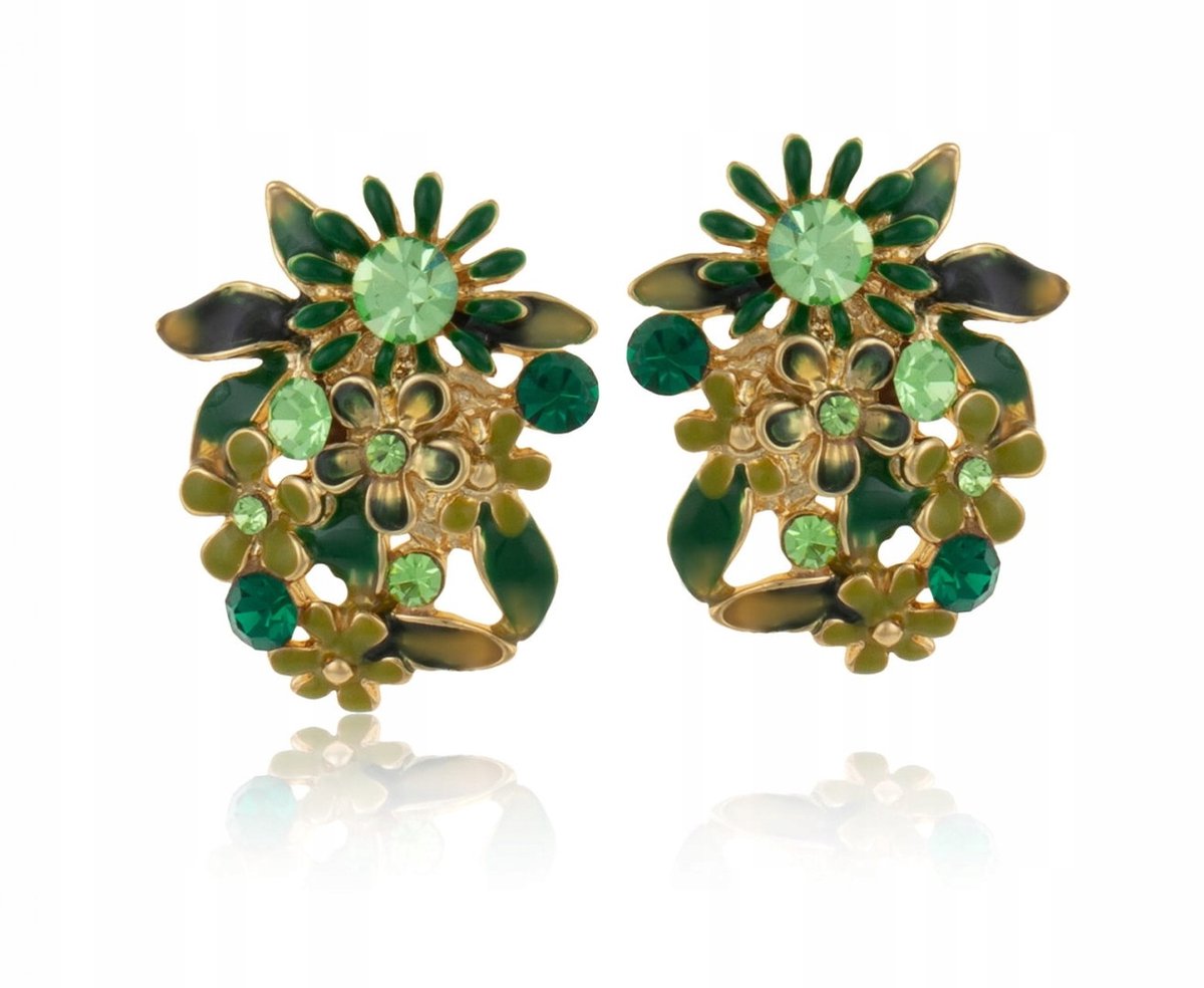 Gouden Oorbellen met Groene Bloemen en Preciosa Kristallen