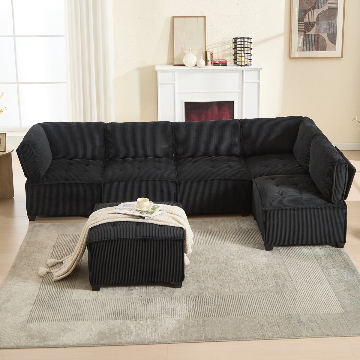 MEUNIQ modulaire U-bank 6-zits 308 cm met slaapfunctie, cordstof, opbergvakken, ergonomische armleuningen, zwart, voor woonkamer