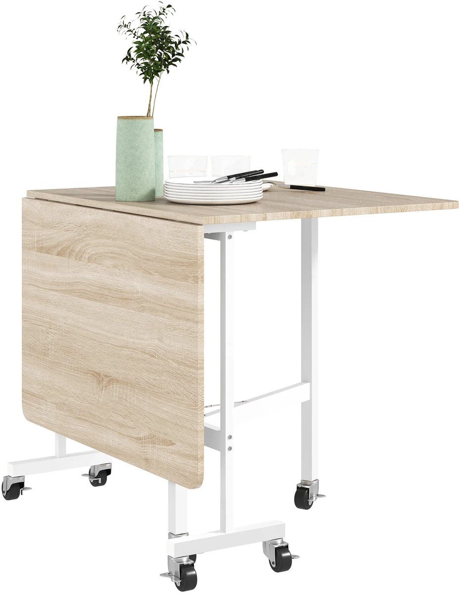 Archi Eettafel op Wielen – Uitschuifbare Klaptafel - 120x80 cm – Inklapbaar tot 26 cm – 4-6 Personen – Verrijdbare Tafel – Eiken/Wit