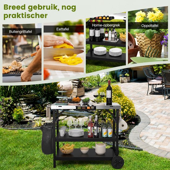 Buitenkeuken op Wielen - BBQ Trolley - Met Opbergkast & Planken - Werktafel voor Buiten –Metaal en roestvrij staal - Multifunctioneel - Zwart en zilver — afbeelding 5
