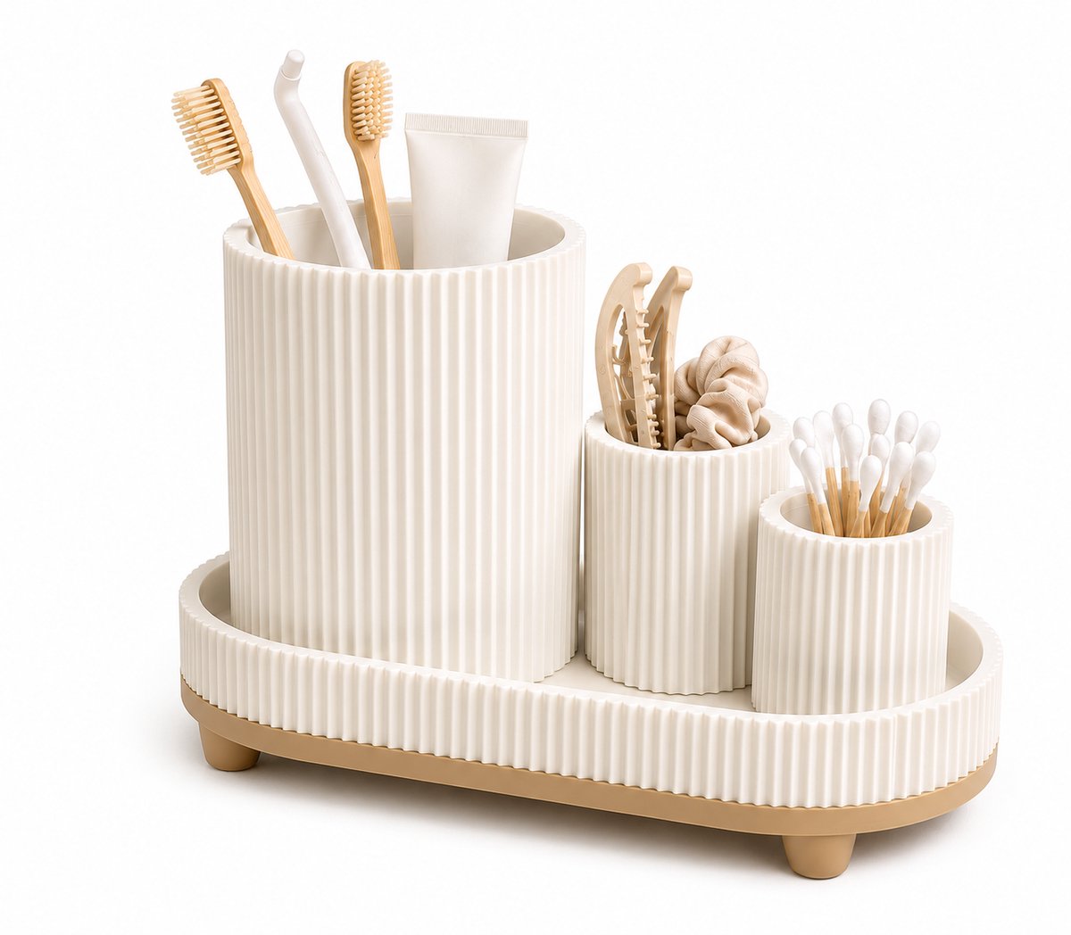 Badkamer Organizer Set – Tandenborstelhouder, Wattenstaafhouder & Opbergbakje