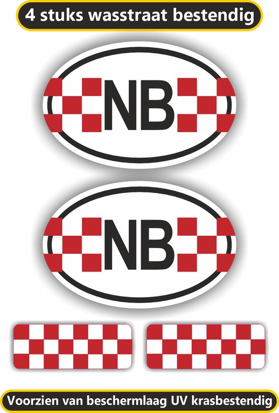 Set van 2 ovale stickers met rode en witte schaakbordrand en "NB". Onderzetters met schaakbordmotief.