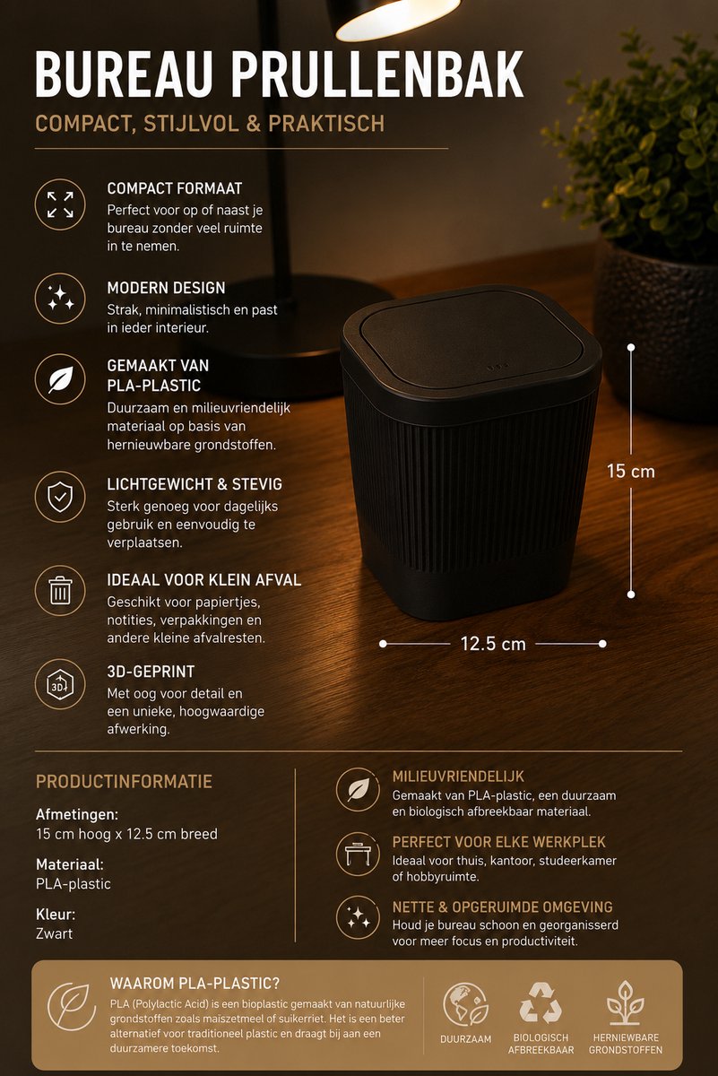 Bureau Prullenbak met Deksel – Compacte Mini Afvalbak 15 x 12,5 cm – PLA Plastic – 3D Geprint – Voor Bureau, Kantoor, Thuiswerkplek en Studeerkamer