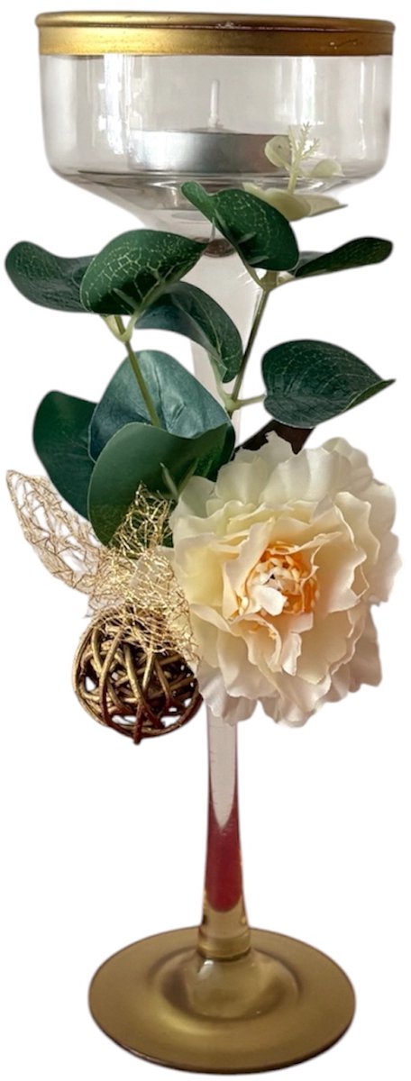 Design Theelicht houder glas met goudkleurige afwerking en kunststof decoratie 15cm