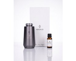 ARONIQ Luxe Aluminium Aroma Diffuser – Waterloos & Draadloos – Ambient light & Smart App – Aromatherapie Geurverspreider Auto & Huis – Trillingssensor – Incl. Signature Fragrance (Etherische Olie) – Moonstone Grey