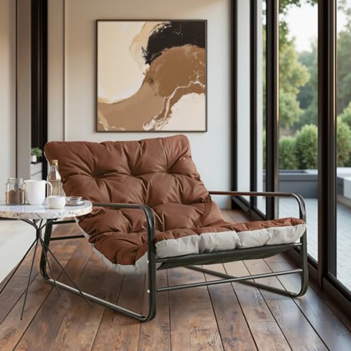 HomeMiYN Industriële 1-Zits Bank – Stalen Buis Frame Fauteuil – Comfortabele Solo Sofa in Koffie & Grijs Design – Compact Lounge Meubel voor Woonkamer