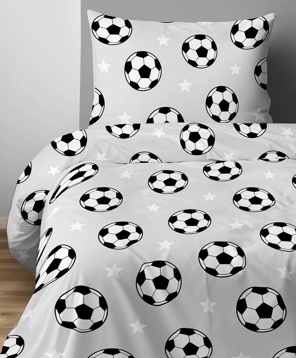 1-persoons dekbedovertrek (dekbed hoes) lichtgrijs met zwart-witte ballen / voetballen en sterren KATOEN eenpersoons 140 x 200 cm