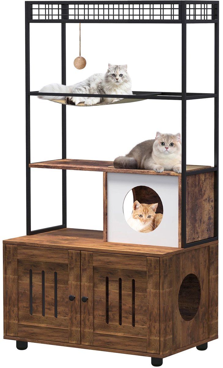 NordPaw® Kattenbak Meubel met Kattenboom en Hangmat – Verborgen Kattenbak Kast – Kattenhuis met Krabmat, Speelbal en Opbergplank – Industrieel Design – 152 cm
