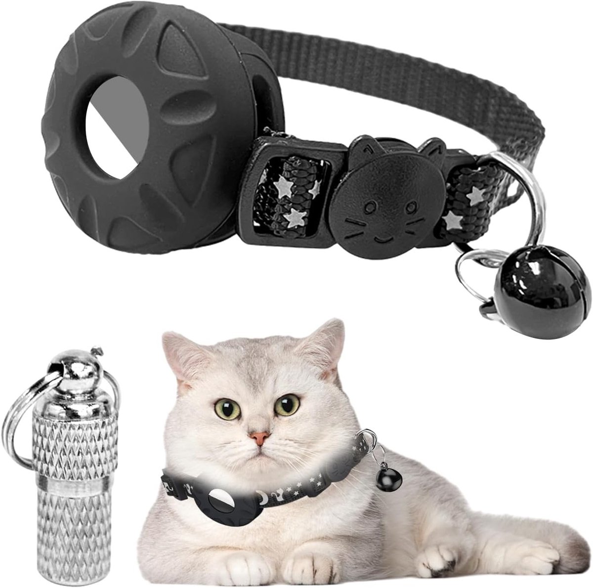 Veiligheidsband voor katten met Air Tag, reflecterend en met bel, anti-verlies petaccessoires in zwart
