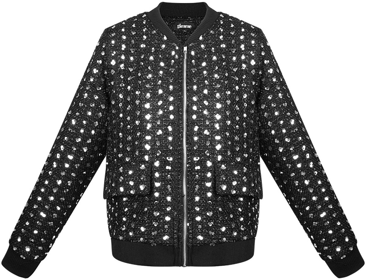Gestructureerde Polyester Vrouwen Bomber Jas met Glitter Textuur - Zwart - Maat M