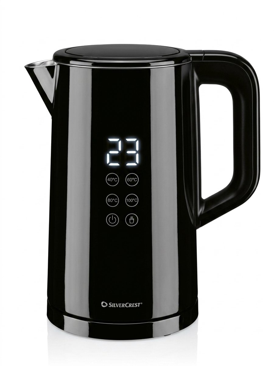SILVERCREST® KITCHEN TOOLS Digitale waterkoker 1,5 L - Vermogen: 3000 W - Met touch-functie - Met LED-display voor temperatuurweergave - Snoerlengte: 75 cm - Kalkfilter - Zwart