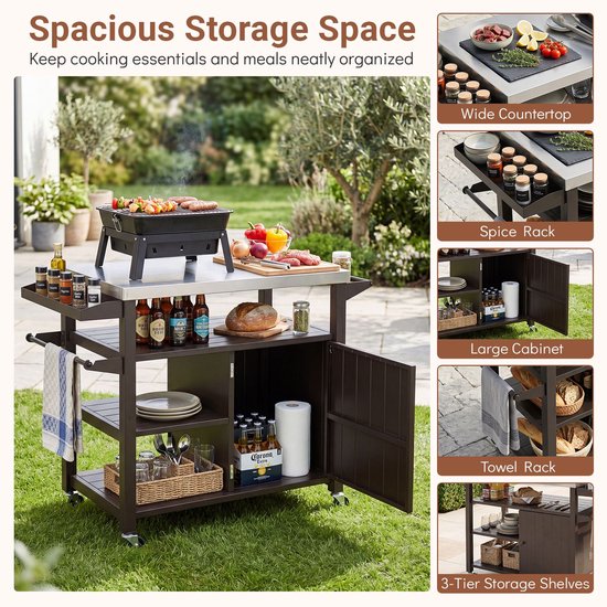 Buitenkeuken op Wielen - BBQ Trolley - Met Opbergkast & Planken - Werktafel voor Buiten - Metaal, RVS - Multifunctioneel - Bruin + Zilver — afbeelding 5