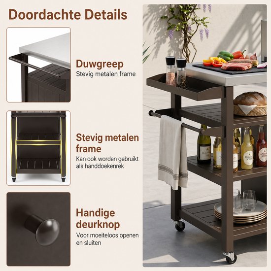 Buitenkeuken op Wielen - BBQ Trolley - Met Opbergkast & Planken - Werktafel voor Buiten - Metaal, RVS - Multifunctioneel - Bruin + Zilver — afbeelding 2