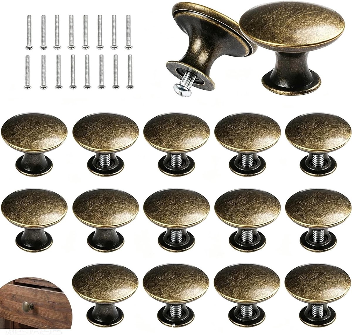Vintage Deurklinken Set van 16 Stuks, Ronde Meubelknoppen voor Laden en Kasten, Decoratiev