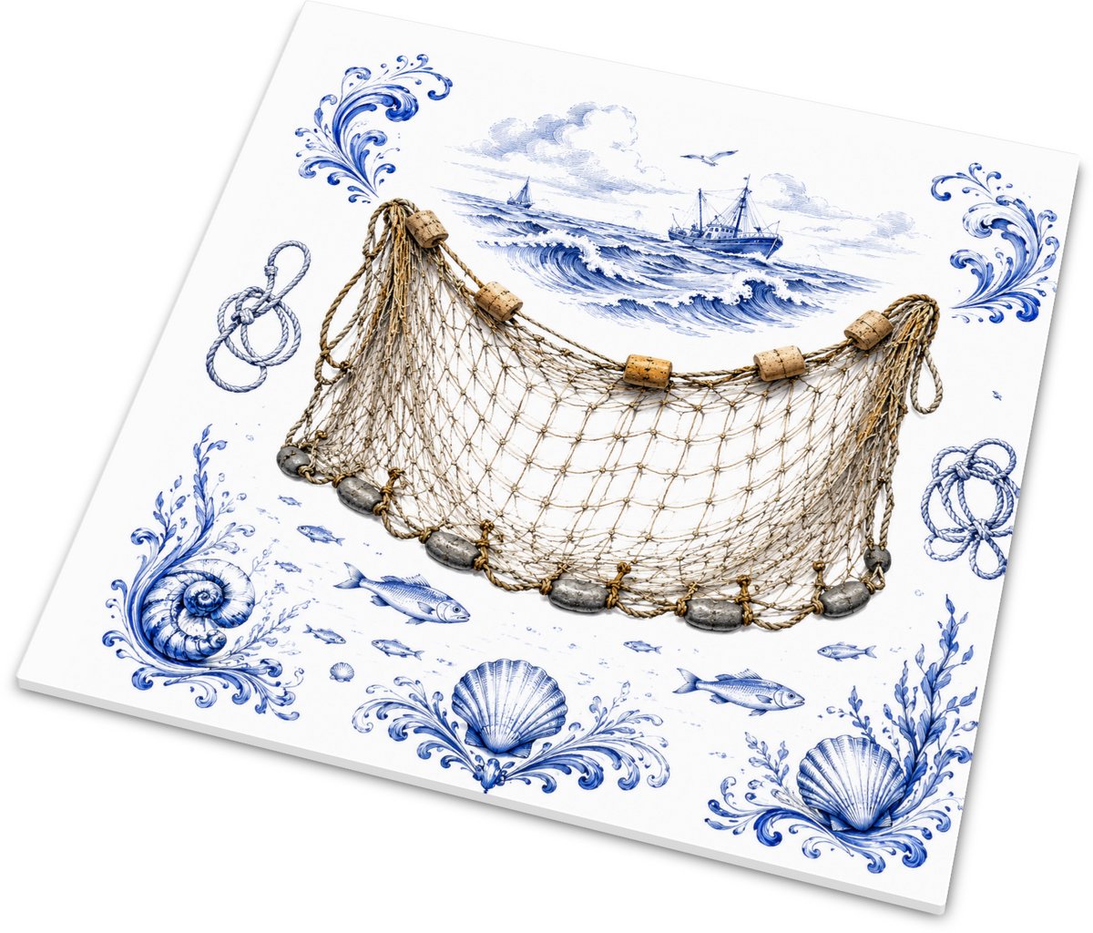 Tegeltje met Authentiek Staand Visnet met Lood - Maritiem Delfts Blauw Tegeltje met Visser