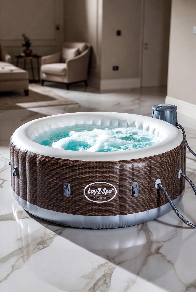 Whirlpool voor 7 Personen – XXL Ø 216x71 cm – 140 AirJet Bruismassage – Rotanprint Bruin – TriTech Weefsel + Digitale Computerbediening – Verwarming 40°C – Topmerk Kwaliteit – Medahomestore