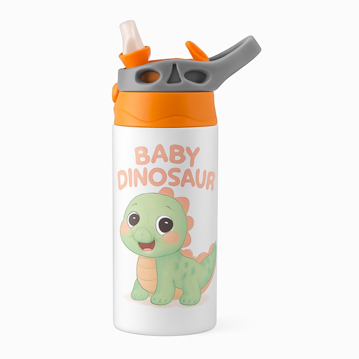 Zachte Dino Cartoon Drinkfles – Schattige Drinkfles voor Dino Fans en Kinderen - Waterfles voor kinderen (wit/oranje)