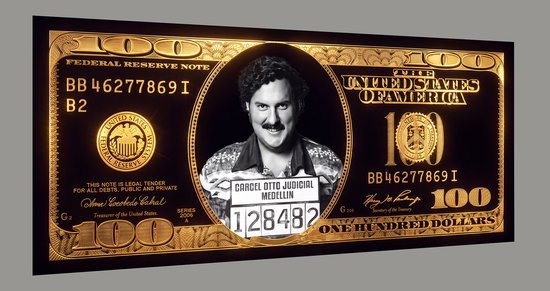 Dollar doré avec portrait de Pablo Escobar, 'CARCEL OTTO JUDICIAL MEDELLIN 128482'.