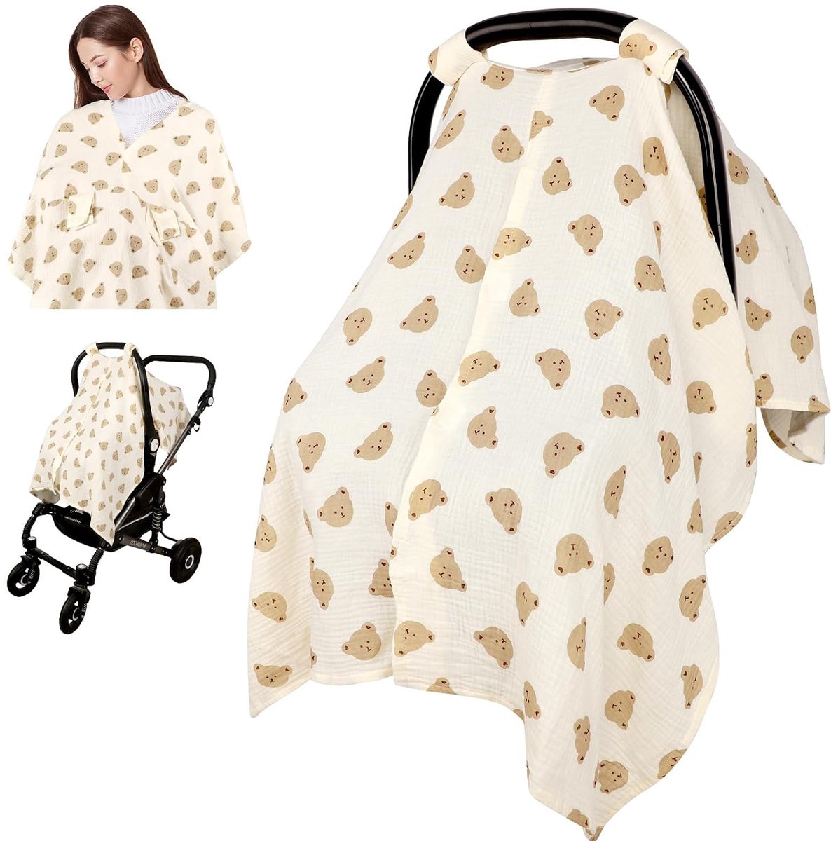 2 in1 baby Autostoelhoes en Voedingshoes - Kinderwagen Zonnescherm - Zonnedoek - Borstvoedingsdoek -Autostoelhoes Baby - Mousseline Kap - Lichtgewicht luifel - Bescherming - Ademend Katoen - Voor kinderwagens en autostoeltjes - Beige