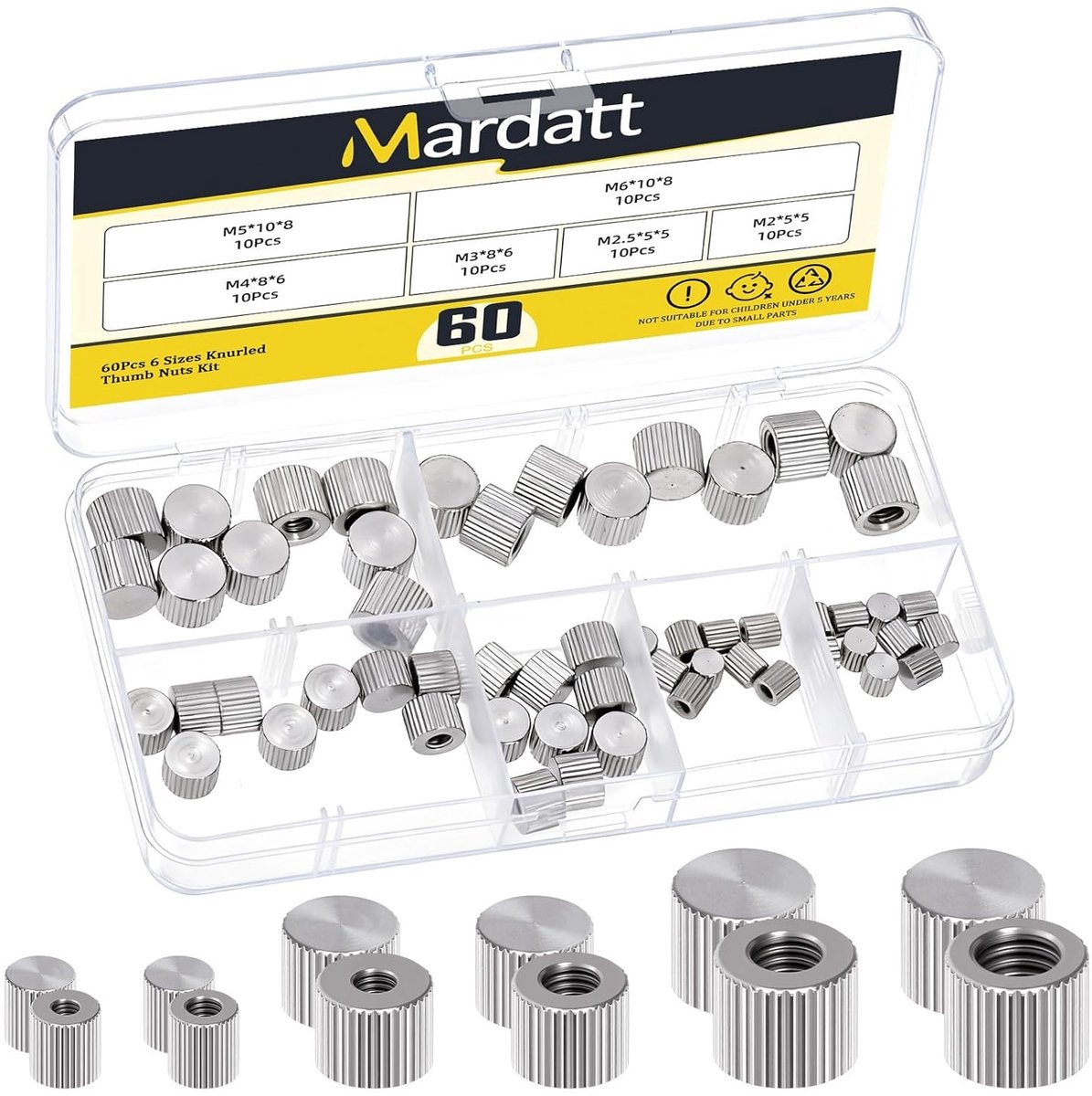 Set van 60 knurled nuts in verschillende maten M2, M2.5, M3, M4, M5, M6 - RVS, vrouwelijke schroefdraad, vlakke kop, blinde opening, handvast en geschikt voor diverse toepassingen