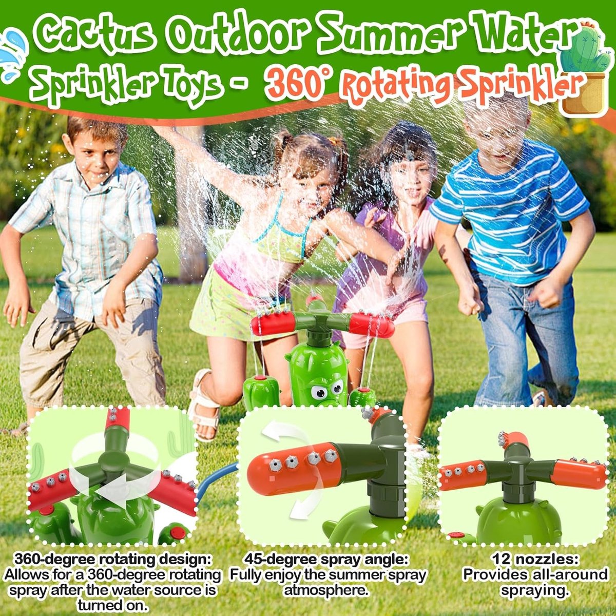 360° Water Sprinkler voor Kinderen - Cactus Tuin Speelgoed voor Zomerplezier, Geschikt voor Jongens en Meisjes van 3 tot 8 Jaar met Slang Aansluiting en Waterpret in de Tuin