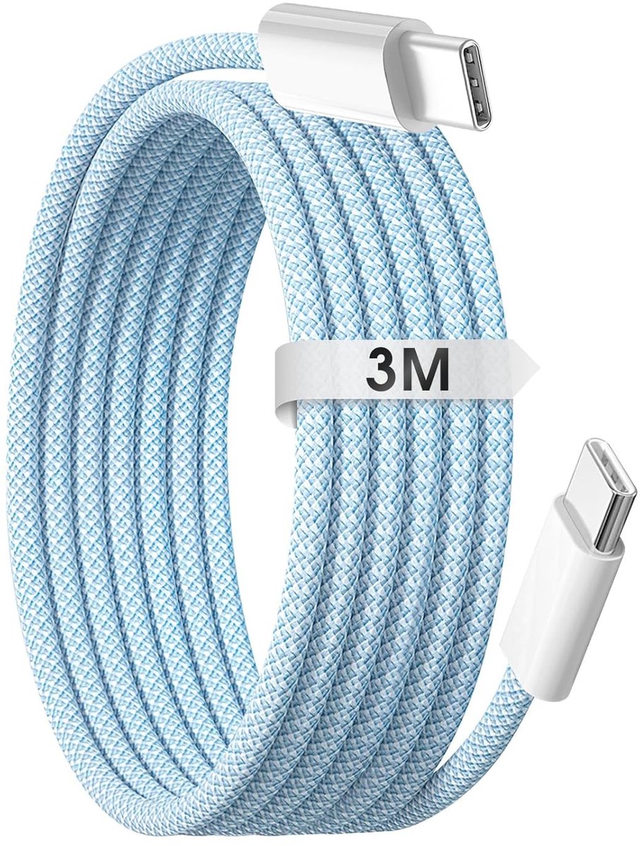 3M USB C Oplaadkabel voor iPhone 15/16 - Snellader 60W, Type C naar Type C, Gevlochten Design voor iPad Pro, Galaxy en Google Pixel (Blauw)