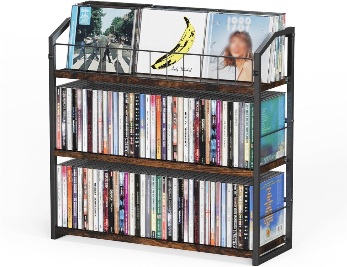 SNJY® LP Opbergsysteem - Vinyl Houder - Platenrek - Met CD Rek - 15,5D x 44,8B x 42,8H cm - Bruin