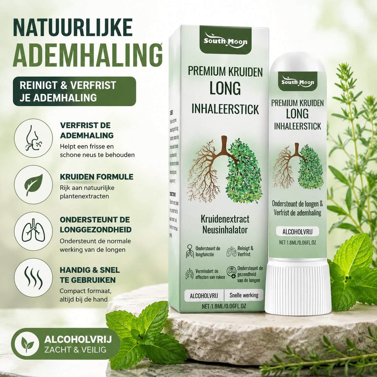South Moon Classic - Premium Herbal Lung Cleanse Inhaler - Met Mint, Gember & Kamille - Tegen Rookschade, Long Verzorging & Ademhaling Verbeteren - Alcoholvrij - 1.8ml