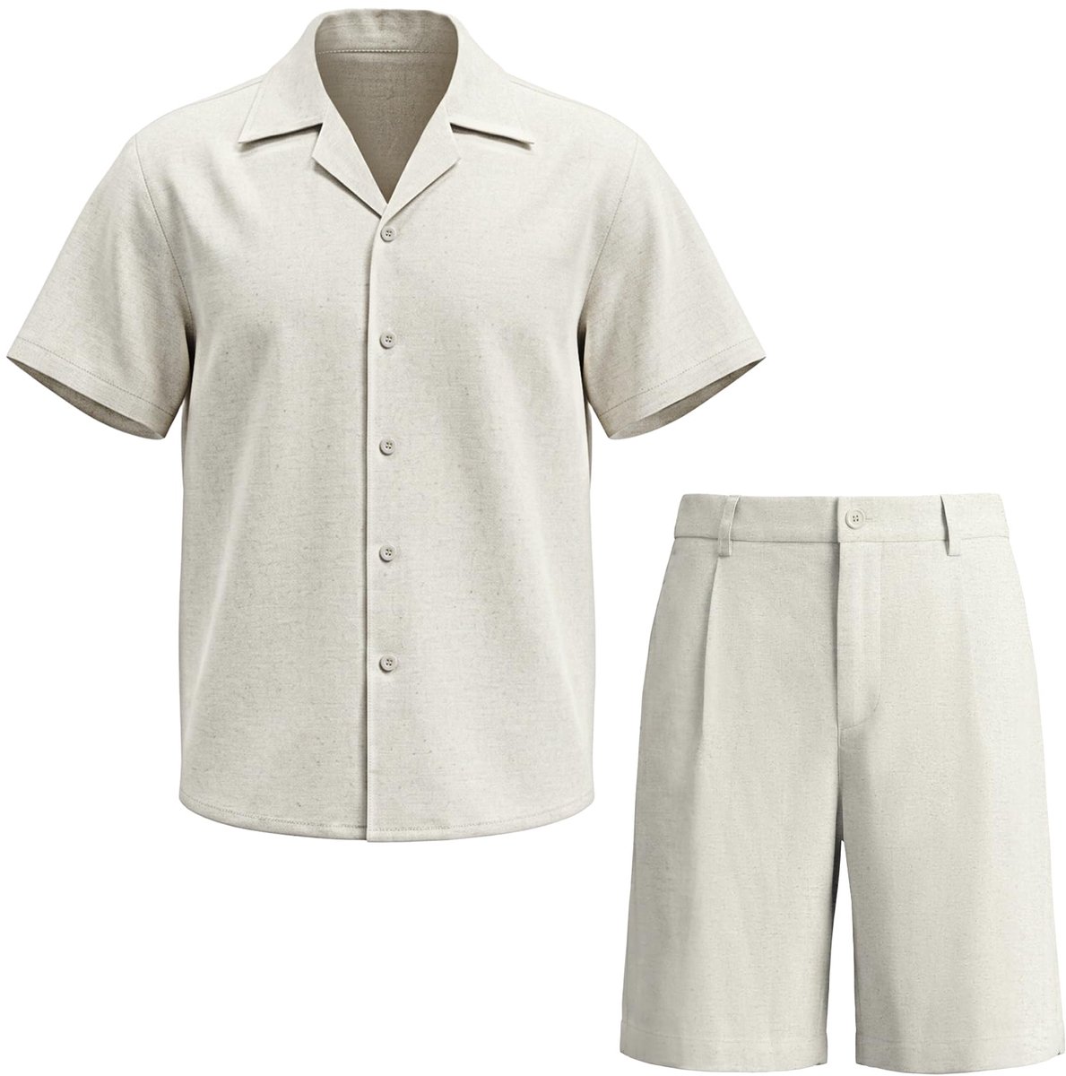 SnelShoppen - Herenshirt en broek set zomer katoen 2-delig outfit korte mouw hemd, korte broek met zak, casual beige M voor strand, vakantie en vrije