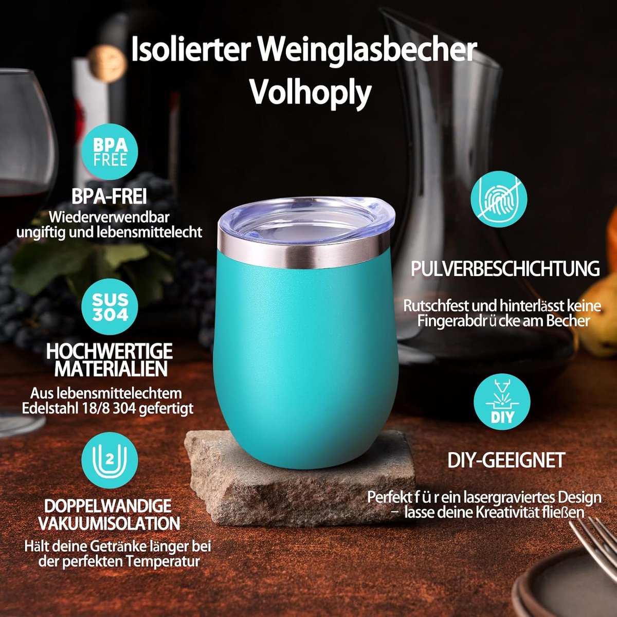 SnelShoppen - Roestvrijstalen wijnbeker met deksel en rietje, 350 ml, dubbelwandige vacuüm-geïsoleerde, stielloze glazen, reiskoffiebeker, kleine drin