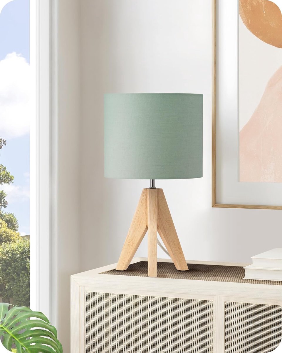 SnelShoppen - Vintage tafellamp groen, bedlampje met statief en houten basis, retro landhuis stijl, E27-lamp met linnen lampenkap, inclusief 4W LED la