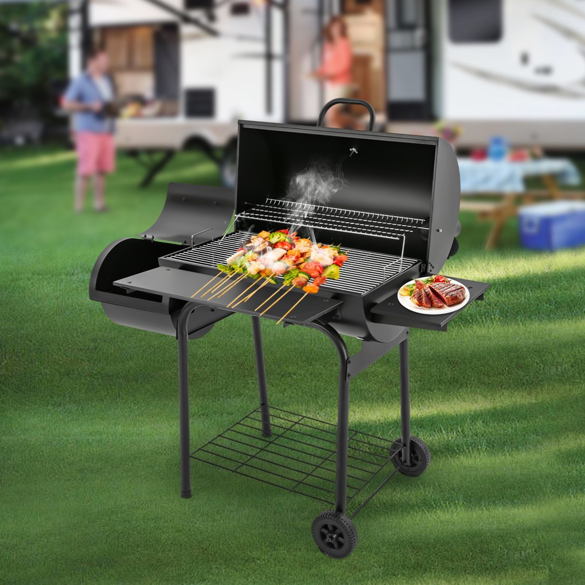 Outdoor Houtskool BBQ - Vrijstaand met Deksel en Wielen - Tuin Camping 147x70x126 cm