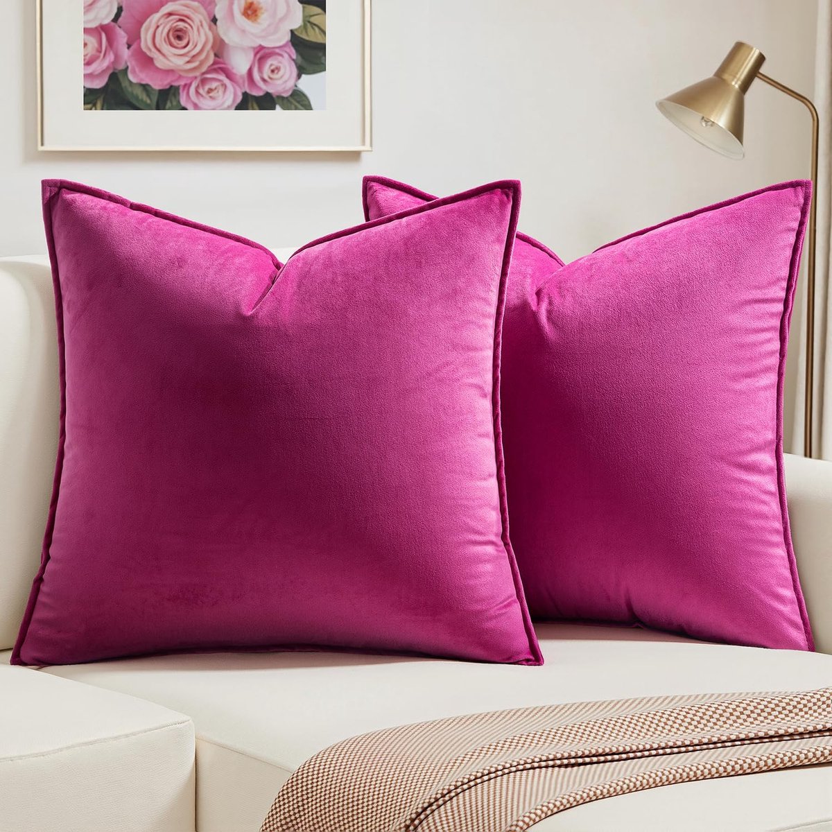 SnelShoppen - Fluwelen Kussensloop Set van 2, 40 x 40 cm, Roze Roos, Bankkussen, Sierkussen, Satijnen Kussenhoes met Omslagrand voor Woonkamer en Slaa
