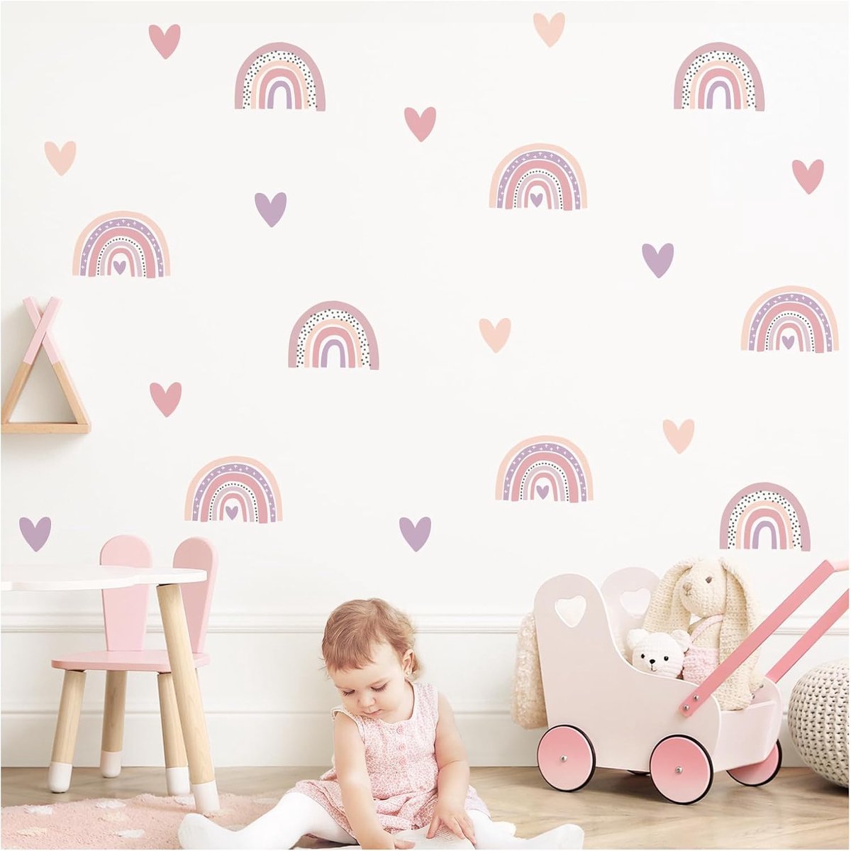 SnelShoppen - Muursticker Regenboog met Hartjes Set voor Babykamer en Kinderkamer Decoratie - Schattige Wanddecoratie voor Meisjes - Kleurige Muurstic