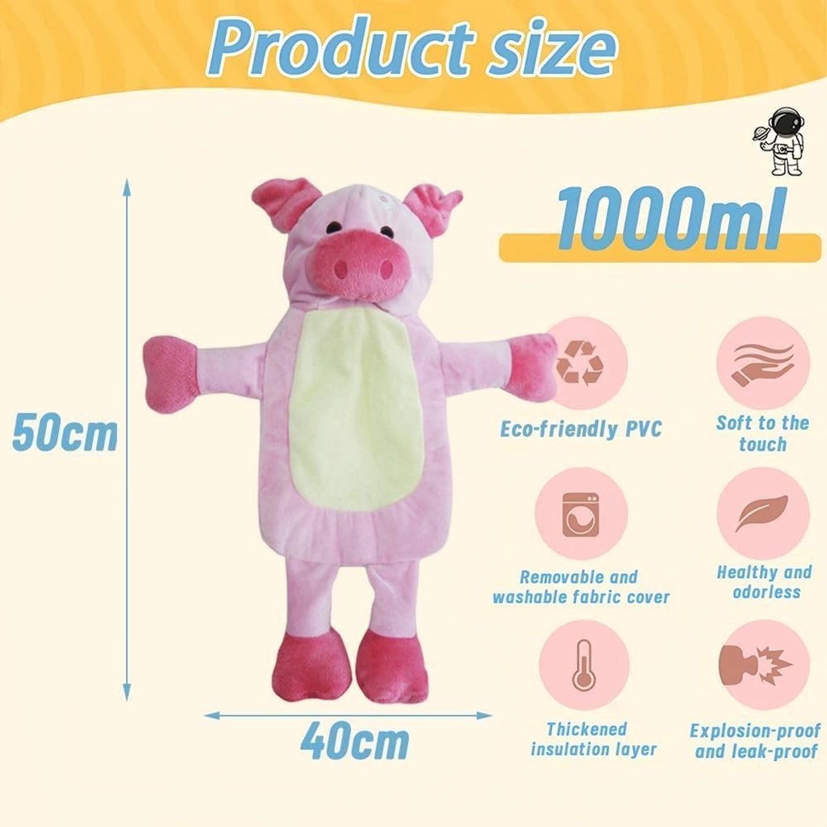 Grote warmwaterkruik met zachte hoes voor kinderen, ideaal als bedfles en knuffeldier, 1 liter