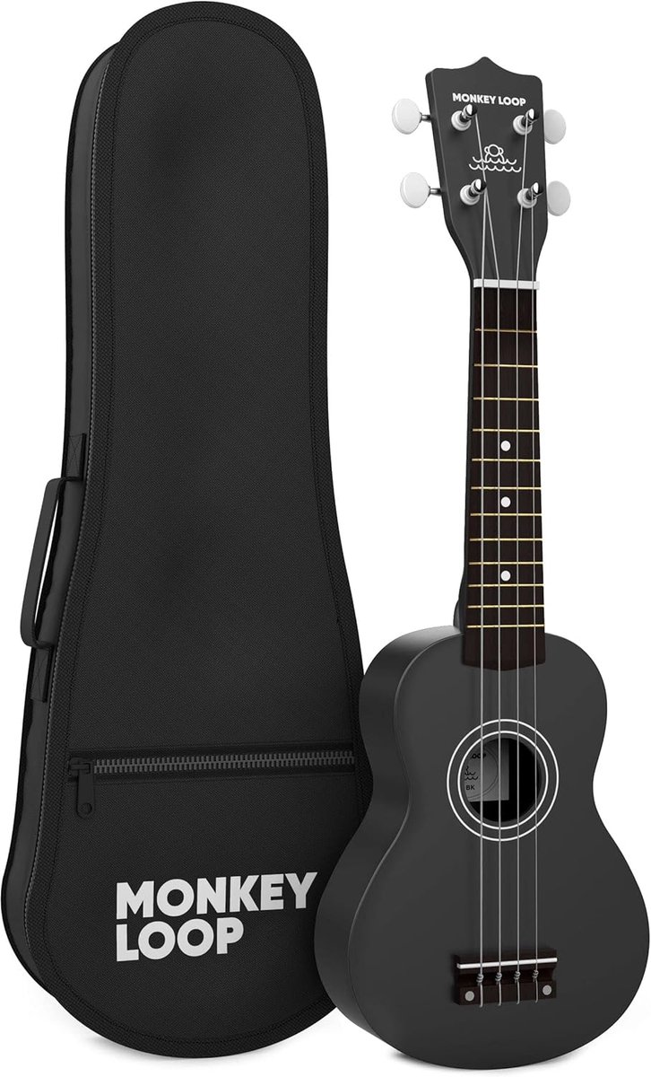 SnelShoppen - MONKEY LOOP Play Black Sopraan-ukelele voor beginners met tas, mat zwart, lindehout, perfecte afwerking, eenvoudige instelling en stemmi
