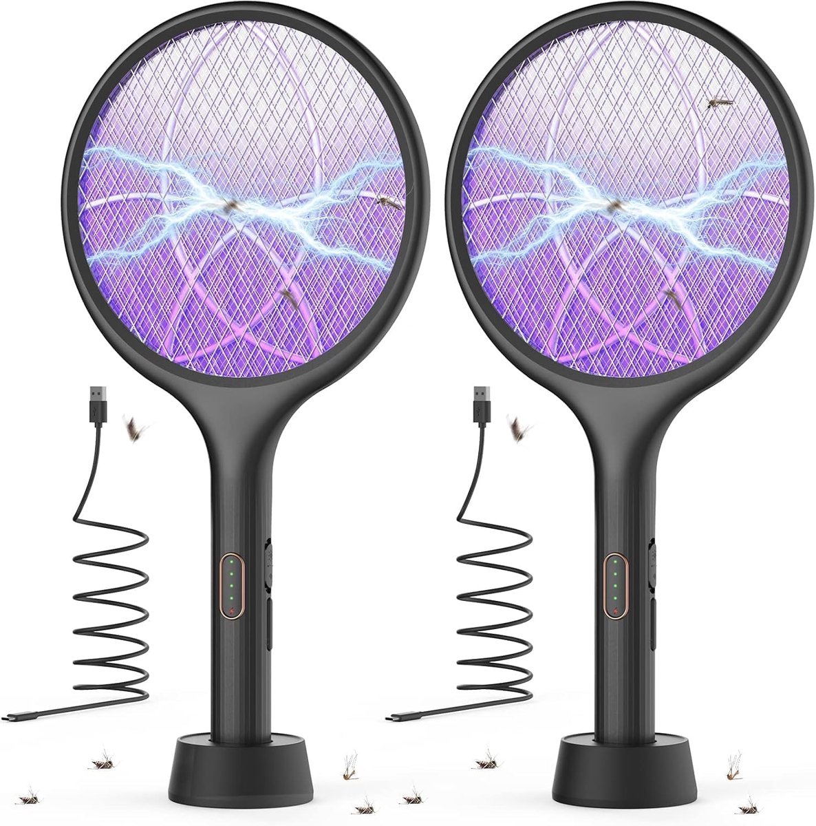 SnelShoppen - Elektrische vliegenmepper 4000V 2 in 1 USB C Oplaadbare muggenmepper met UV-lichtval Zwart 2-pack voor Tuin, Camping en Feest
