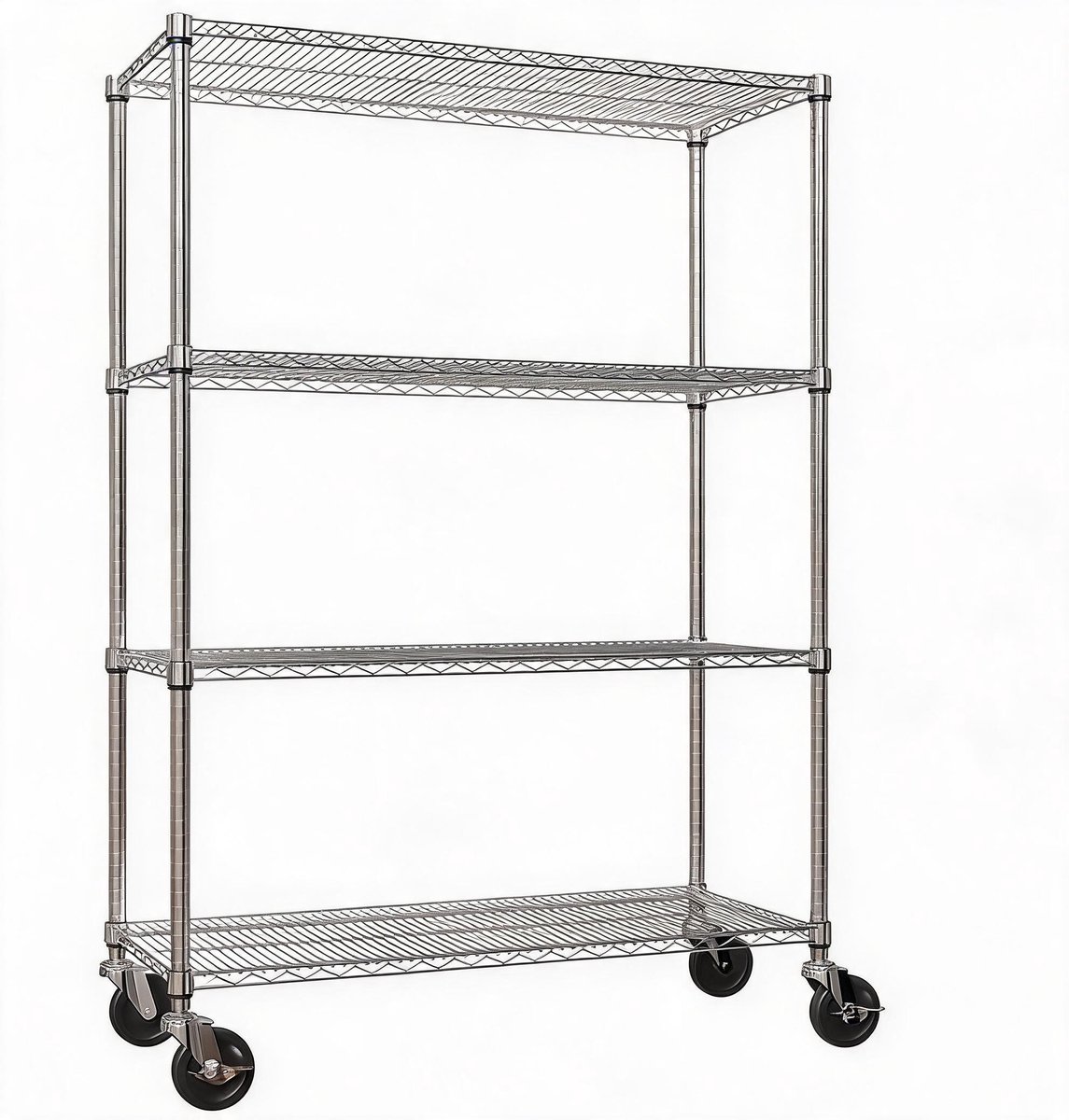 Mobiele Verchroomde Stelling - 4-Laags Draadgaas Opbergrek - Anti-Roest Coating - Verstelbaar - Multifunctioneel voor Huis & Bedrijf