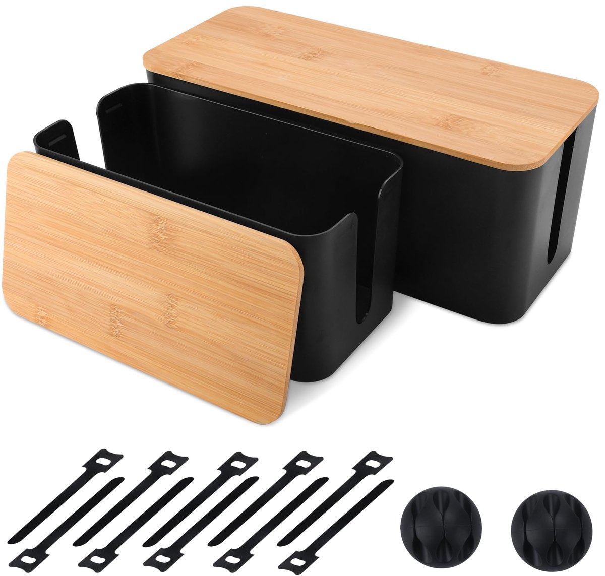 SnelShoppen - 2er Set Kabeldoos, Kabelorganizer met Bamboe Houten Deksel, Stofdichte Opbergdoos voor Kabels op Bureau, Kabels Verbergen, Georganiseerd