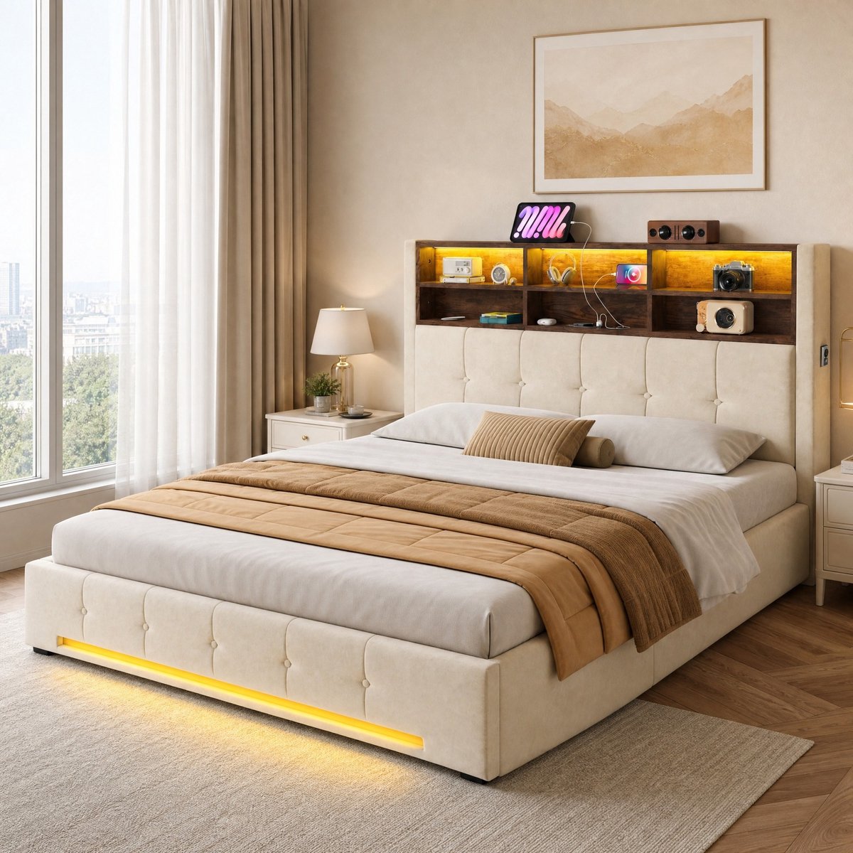 DESMIU Gestoffeerd Bed 160x200 cm – Multifunctioneel Hoofdbord Met USB-C & LED – Hydraulisch Opklapbed Met Verborgen Opbergruimte – Voor Volwassenen – Fluweel Metaal – Beige – Zonder Matras