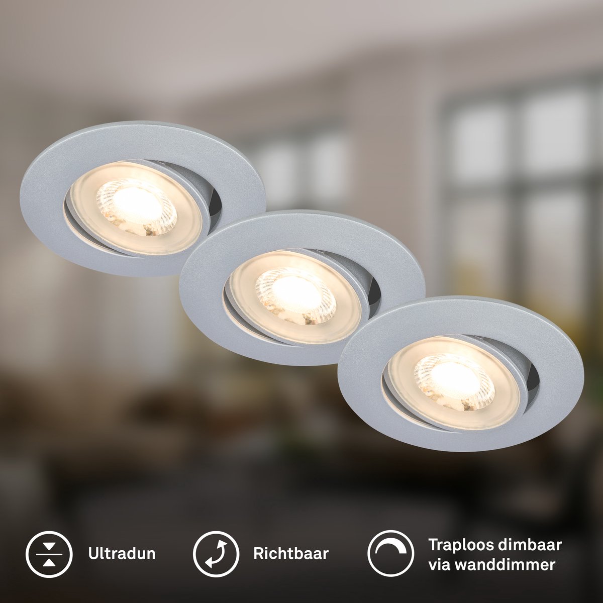 BRILONER Show - Inbouwspots set van 3 - spotjes dimbaar - 3.000K warm wit licht - 4.9W - chroom - Ø9cm