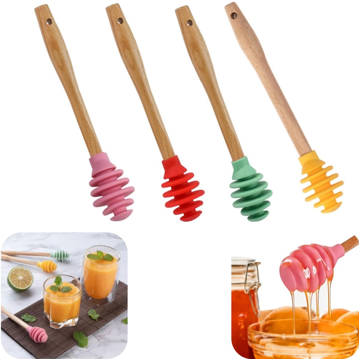 4 stuks roerstokje - honinglepel - jamlepel - sirooplepel - drankroerstokje - gemakkelijk schoon te maken - lang handvat - spiraalontwerp - lekvrij - keukengerei - geschikt voor honing, jam, siroop (meerkleurig, 17*3cm)