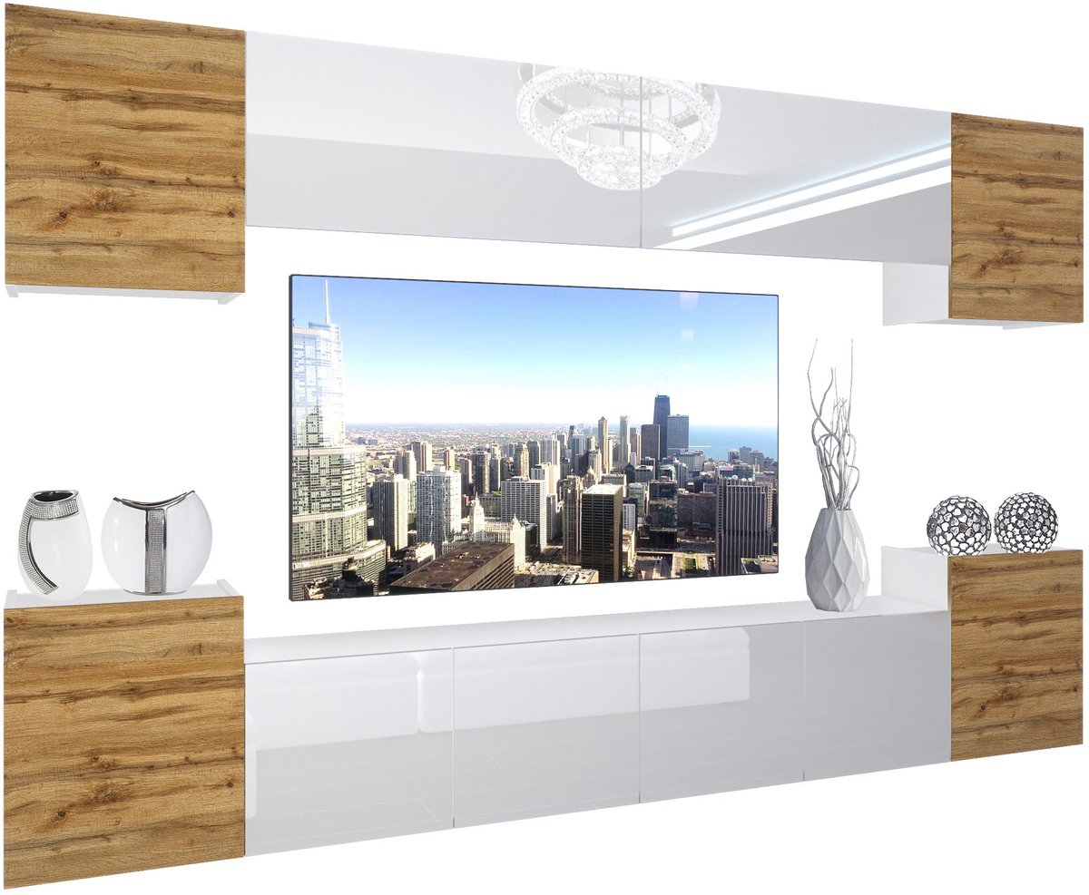 BELINI Wandmeubel NEX 4 - TV-Wandkast Set met LED-Verlichting Wotan Eiken / Wit - Hoogglans Fronten