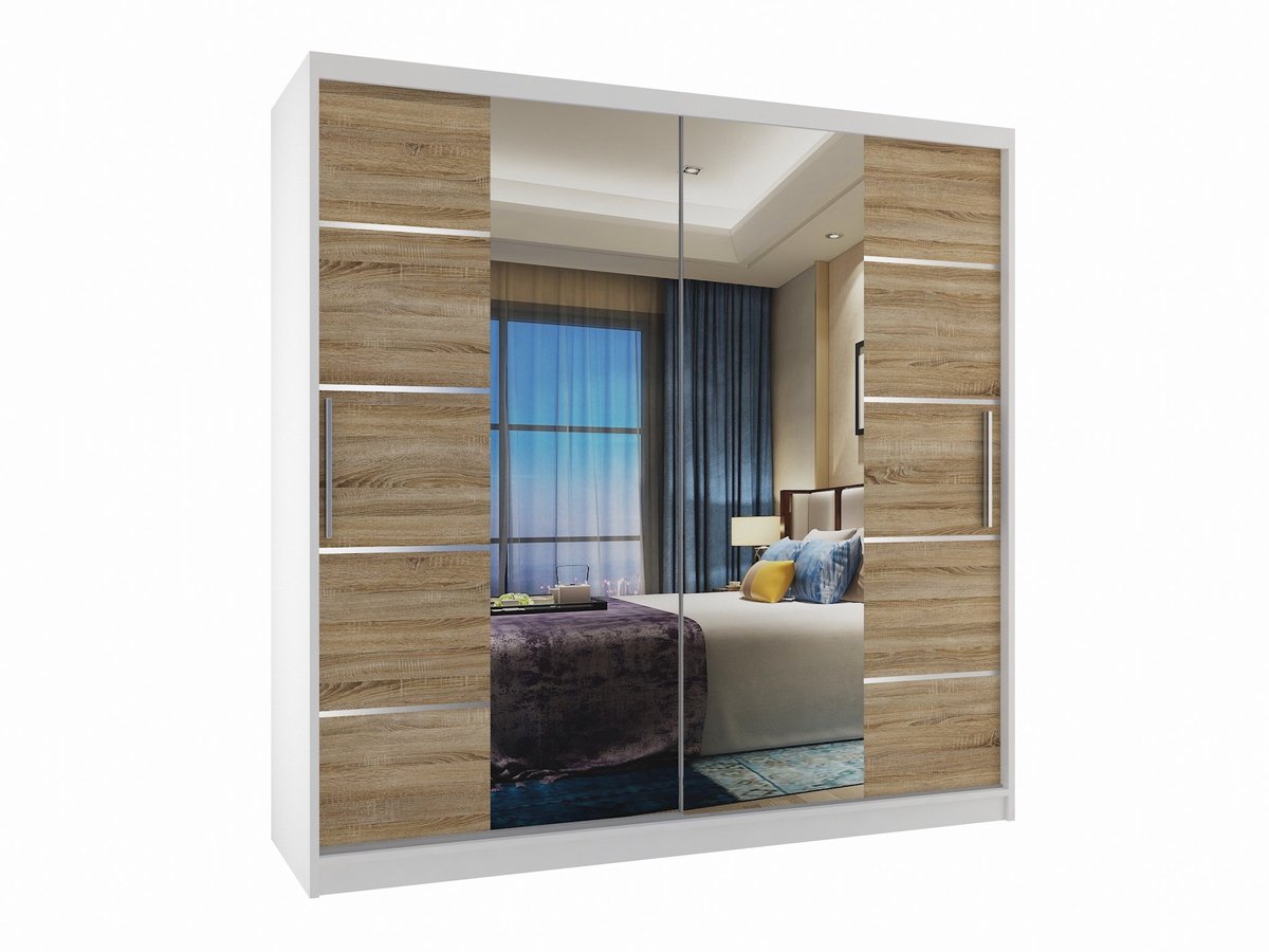 BELINI Verona ME Schuifdeurkast 200 cm Wit/Sonoma Eiken Mat - Kledingkast met Spiegel - Comfort Line Slaapkamerkast