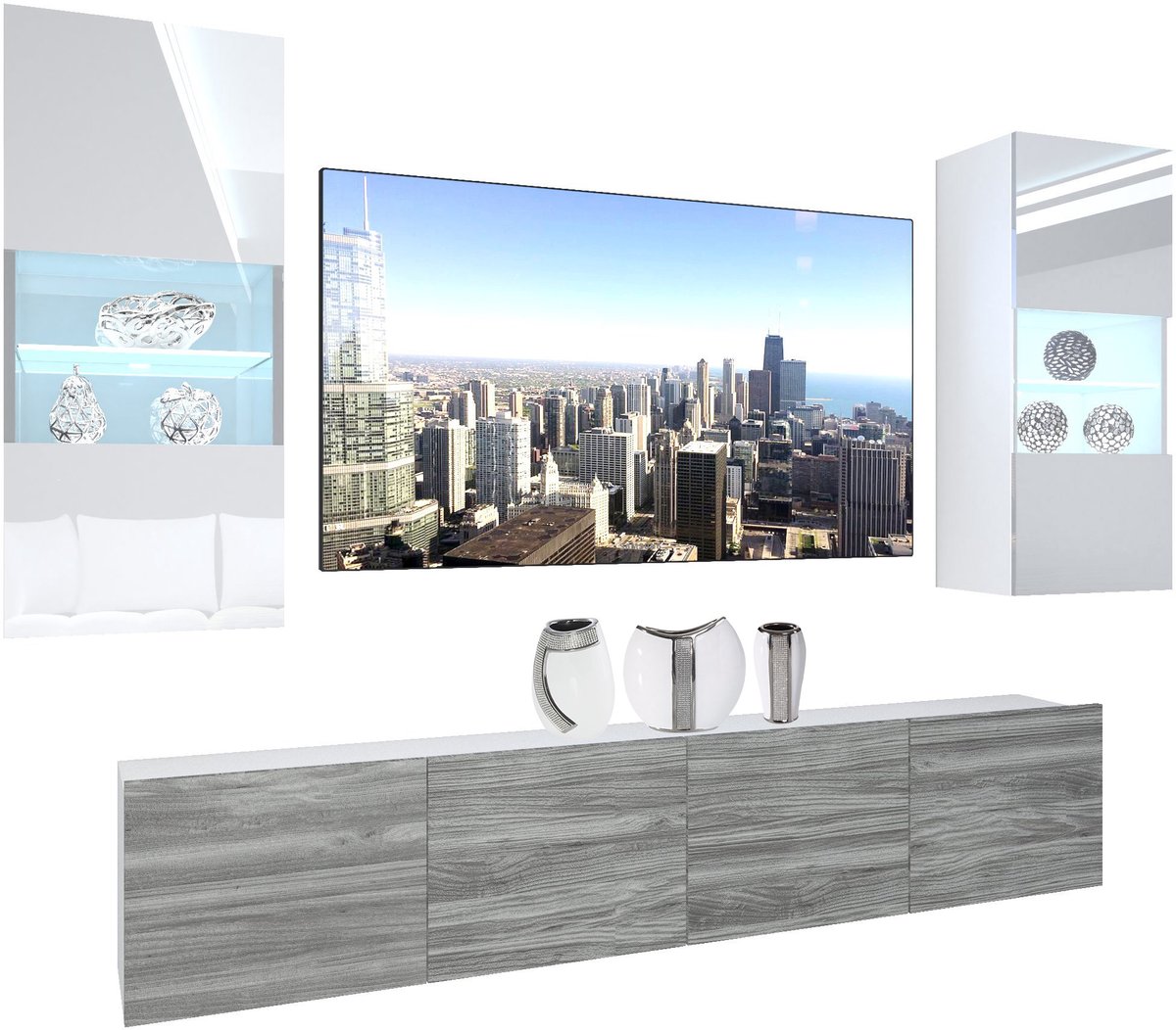 BELINI Wandmeubel NEX 7 - TV-Wandkast Set met LED-Verlichting Wit / Glamour Hout - Hoogglans Fronten